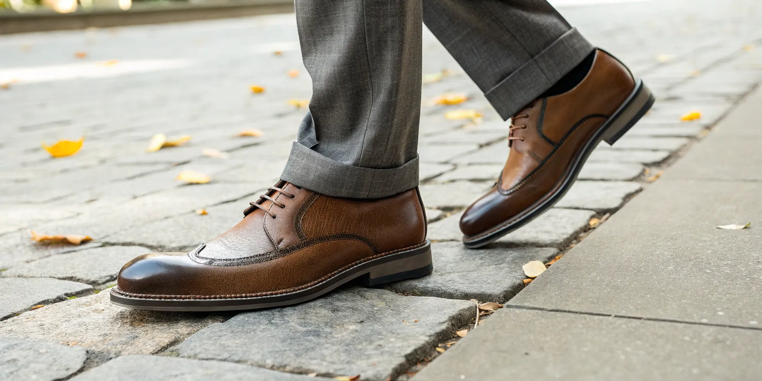 A pair of stylish brown leather dress shoes that make men taller.