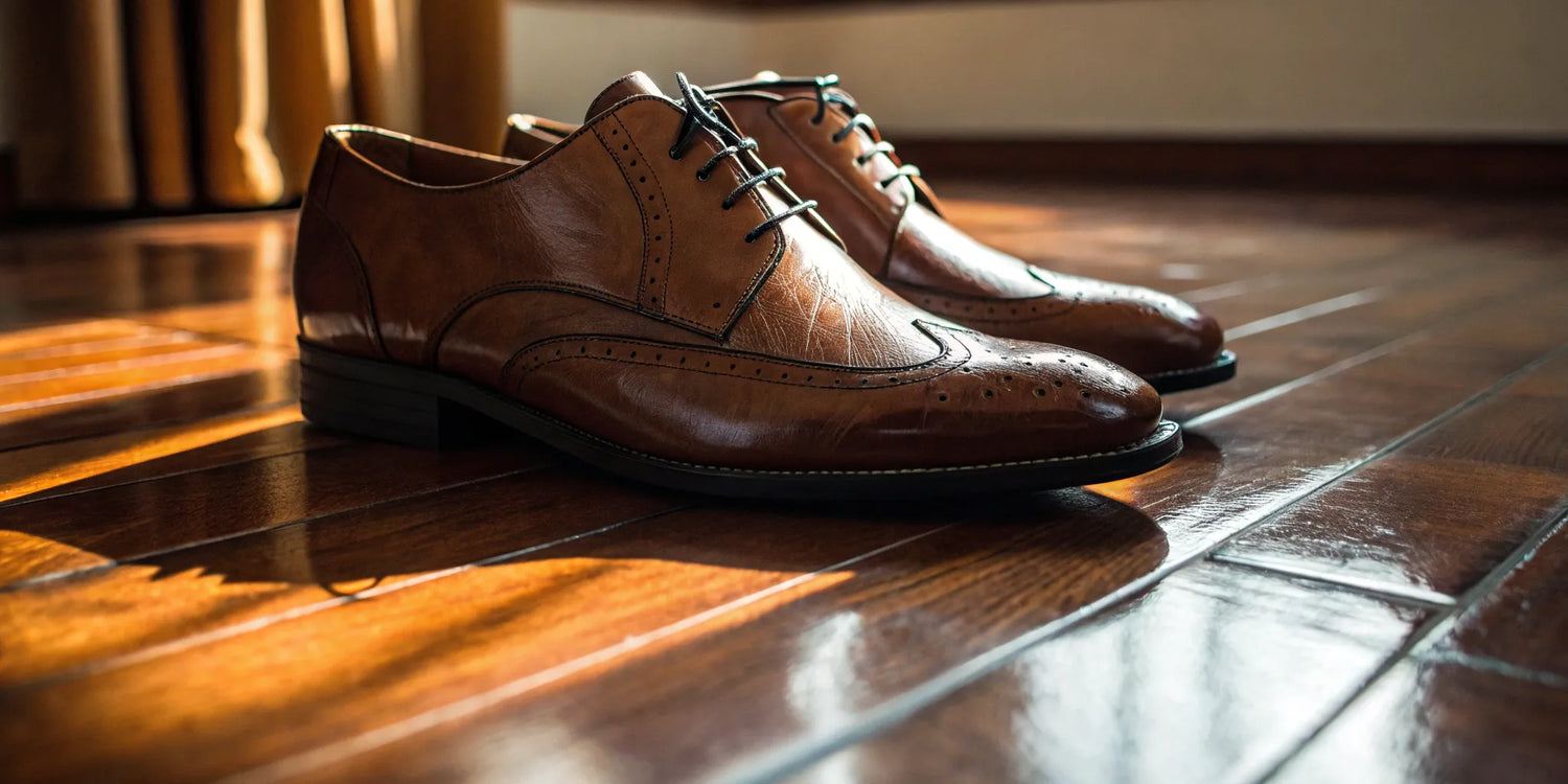 Brown leather dress shoes with a hidden lift that make guys look taller.