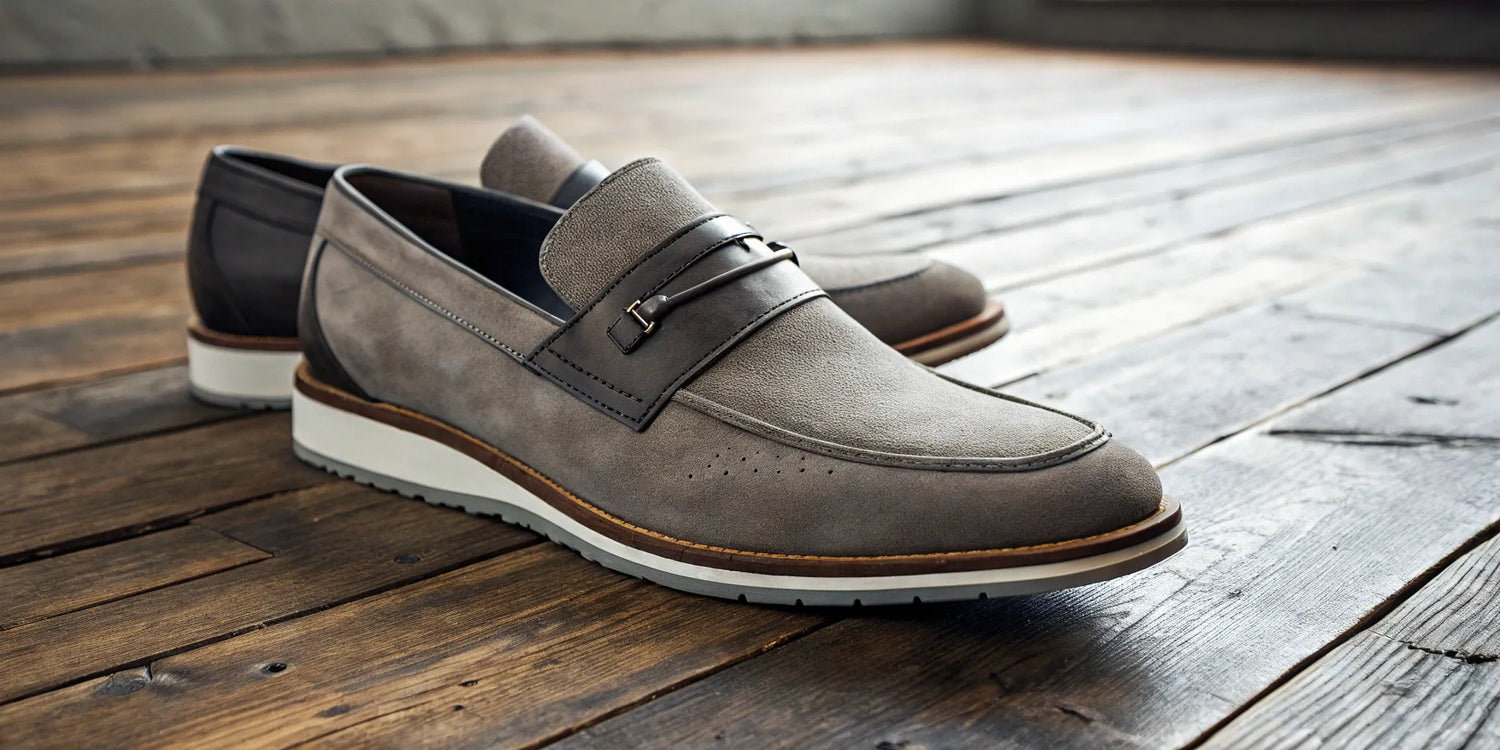 Gray suede dress shoes with a discreet lift that make guys look taller.
