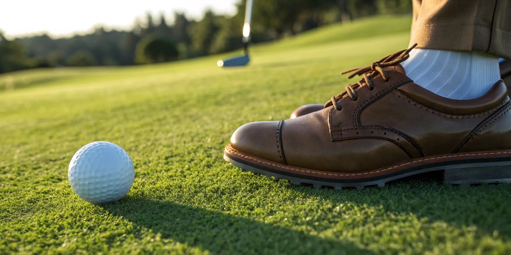 A pair of height increasing golf shoes on the green, helping a golfer improve their stance.