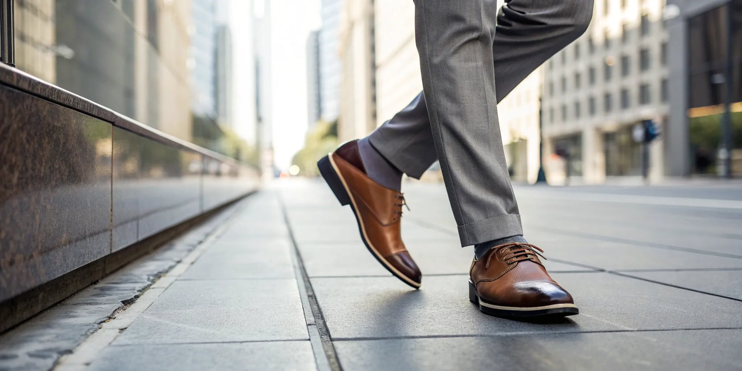 A man wearing stylish brown leather men's height dress shoes with gray pants.