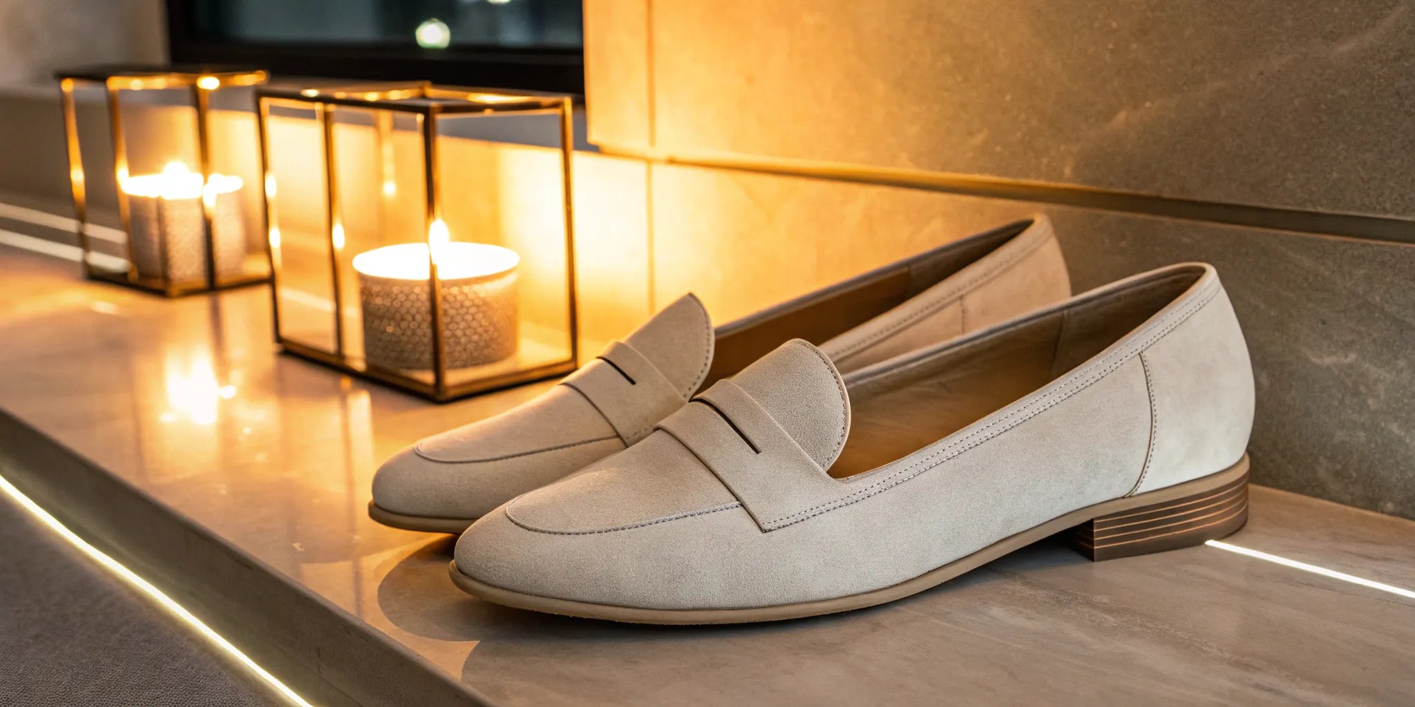 Stylish beige height-increasing loafers.