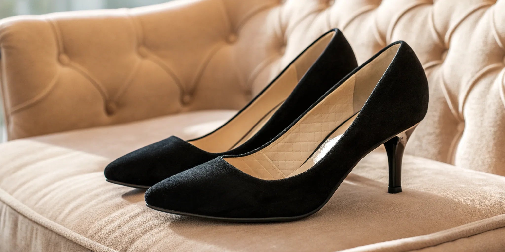 Stylish black women's elevator shoes on beige sofa.