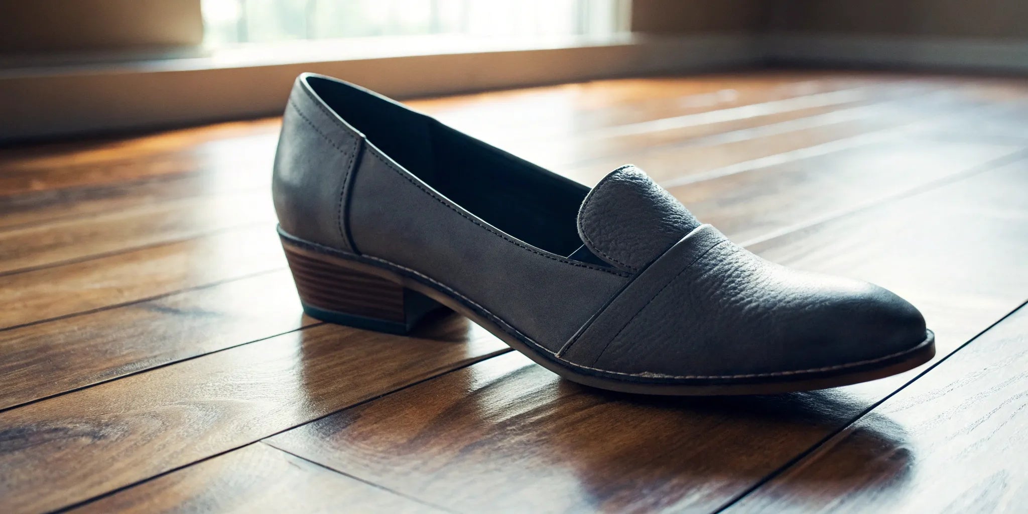Men's gray leather height-booster shoes on a wooden floor.