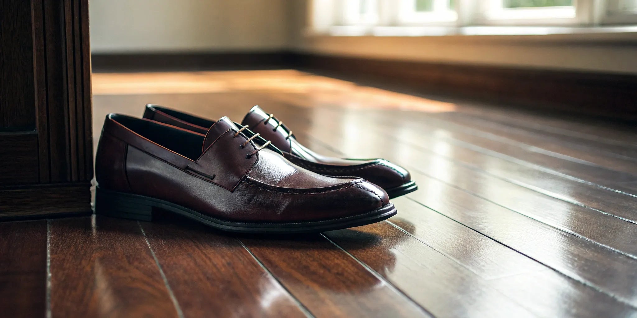Men's brown leather lift shoes on a wooden floor.