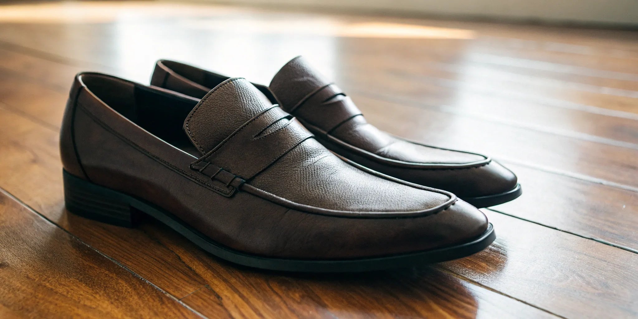 Stylish men's height-increasing brown dress shoes on a wooden floor.