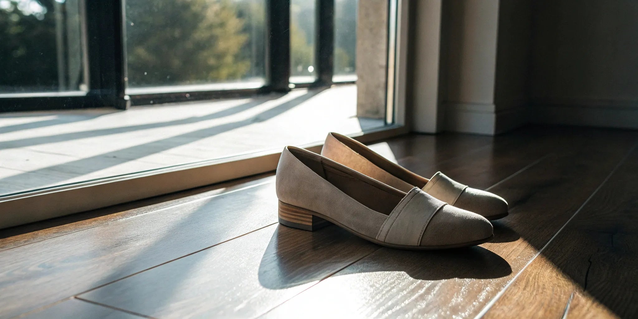 Shoes with height boost on wooden floor.