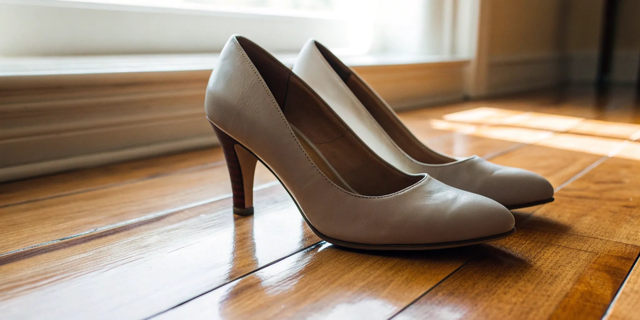 Stylish beige heels add height and confidence.