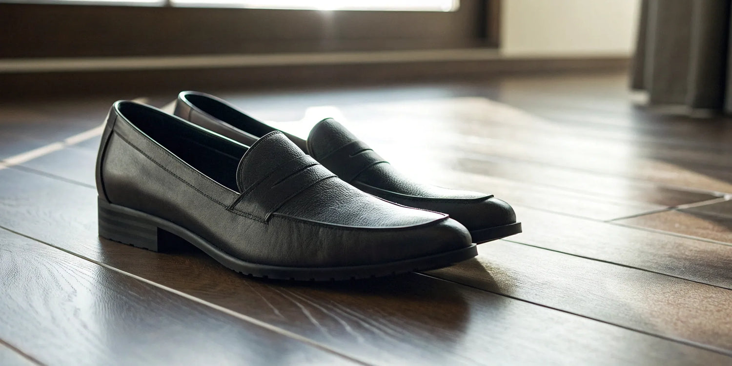 A pair of black leather height lifting shoes with a discreet internal lift.