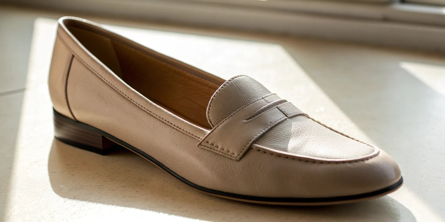 Beige leather loafer with a low shaft height and stacked heel.