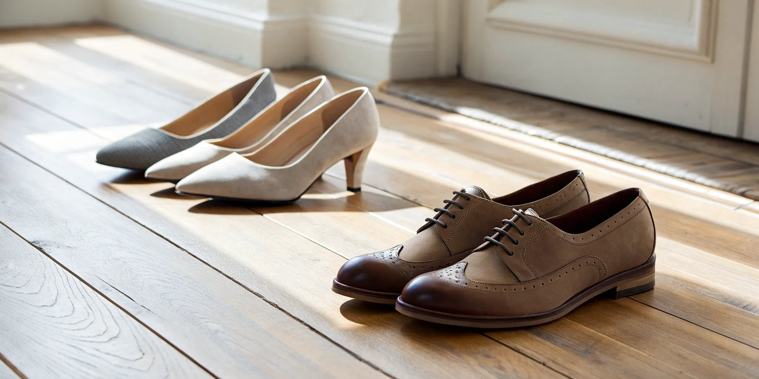 Several types of shoes, including boots and dress shoes, that make you look taller.