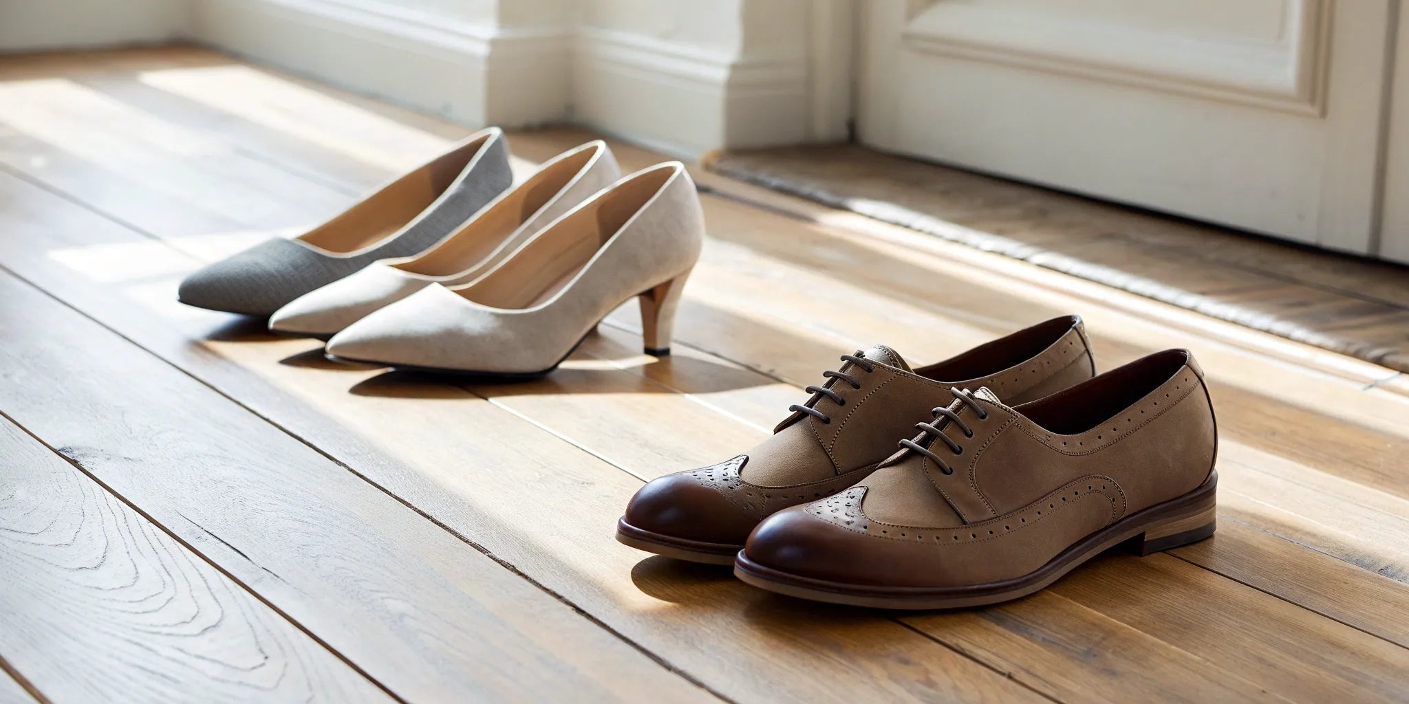 Several types of shoes, including boots and dress shoes, that make you look taller.