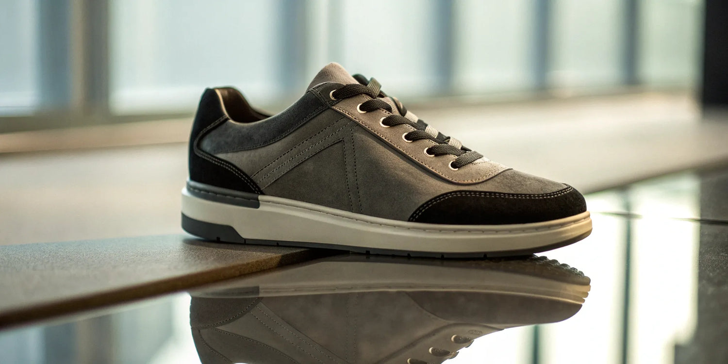 A stylish gray and black elevator sneaker providing a comfortable and discreet height increase.