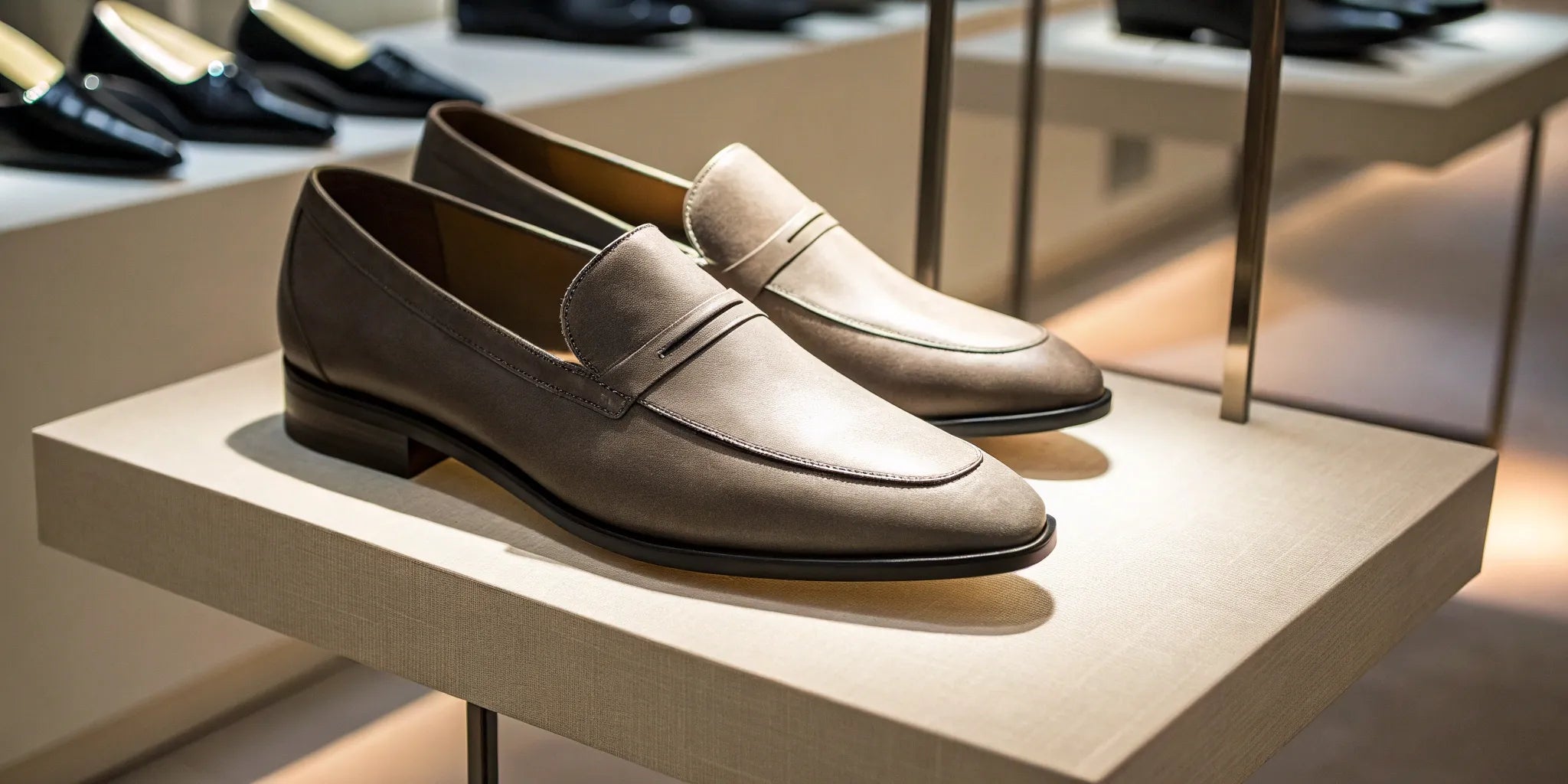 A pair of artistic platform heels on display, some of the tallest shoes in the world.