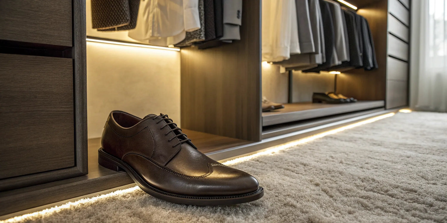 A brown leather dress shoe with height boosters for all-day comfort.