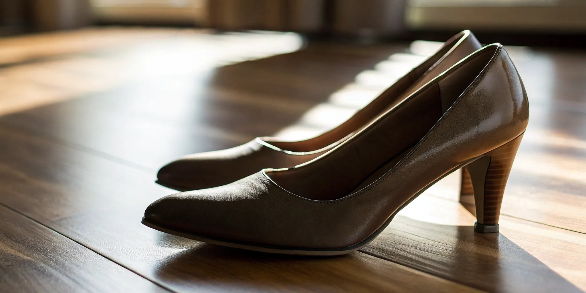 Stylish brown heels on a wooden floor.