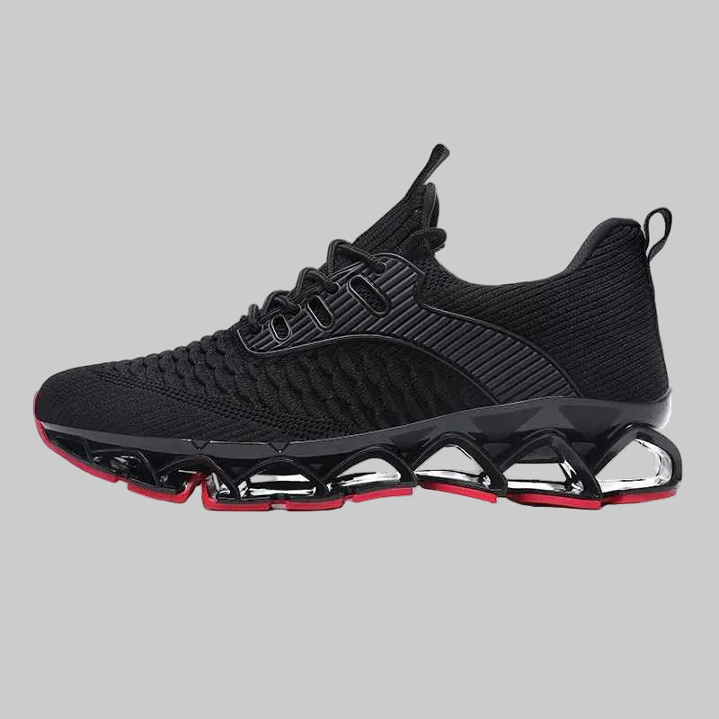 Black athletic shoe with a unique sole design on a white background