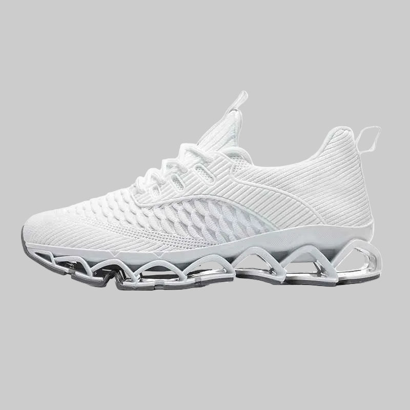 White athletic shoe with unique sole design on a white background