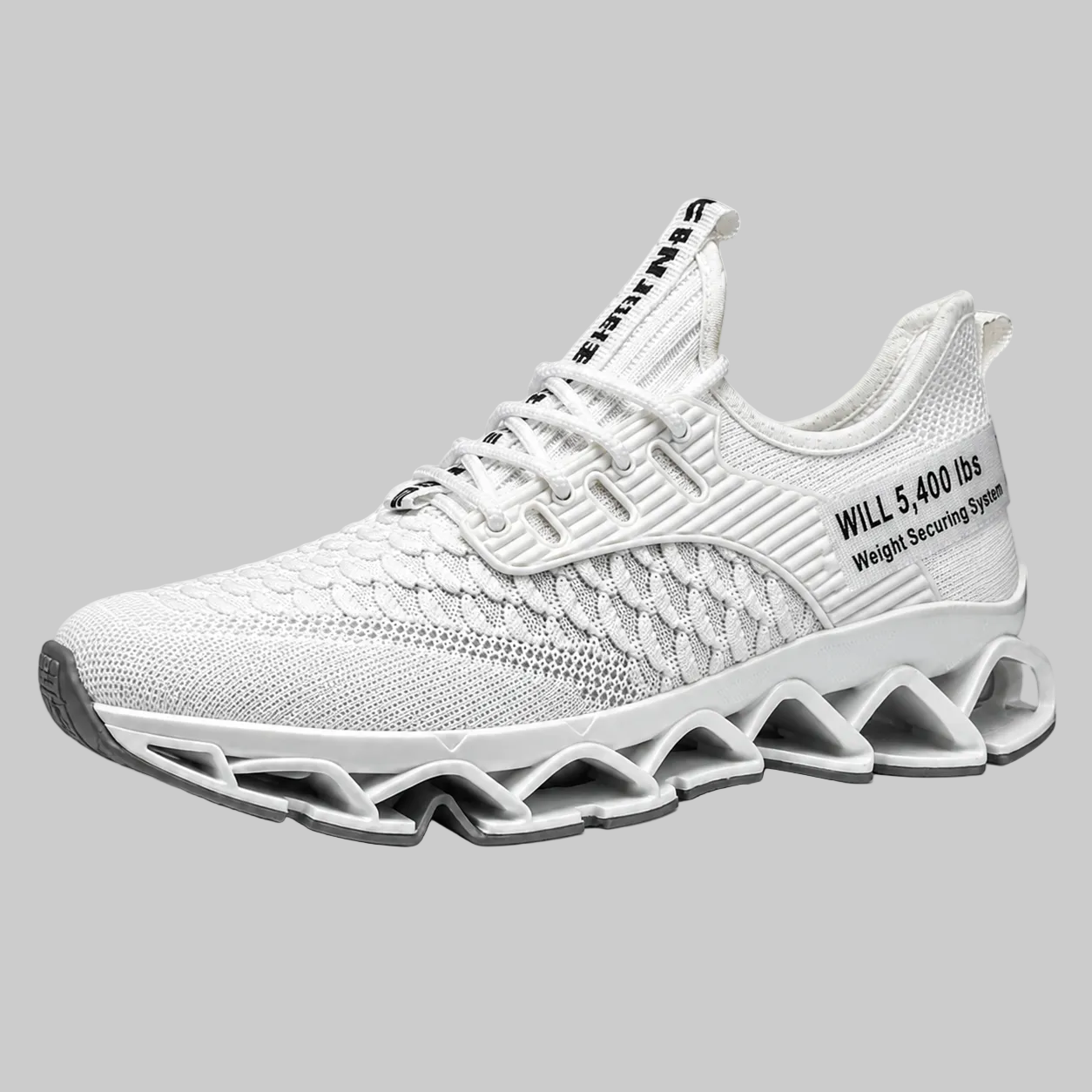 A white knit athletic sneaker with a chunky, sculpted wavy sole and black printed text on the side and tongue, shown against a solid gray background.
