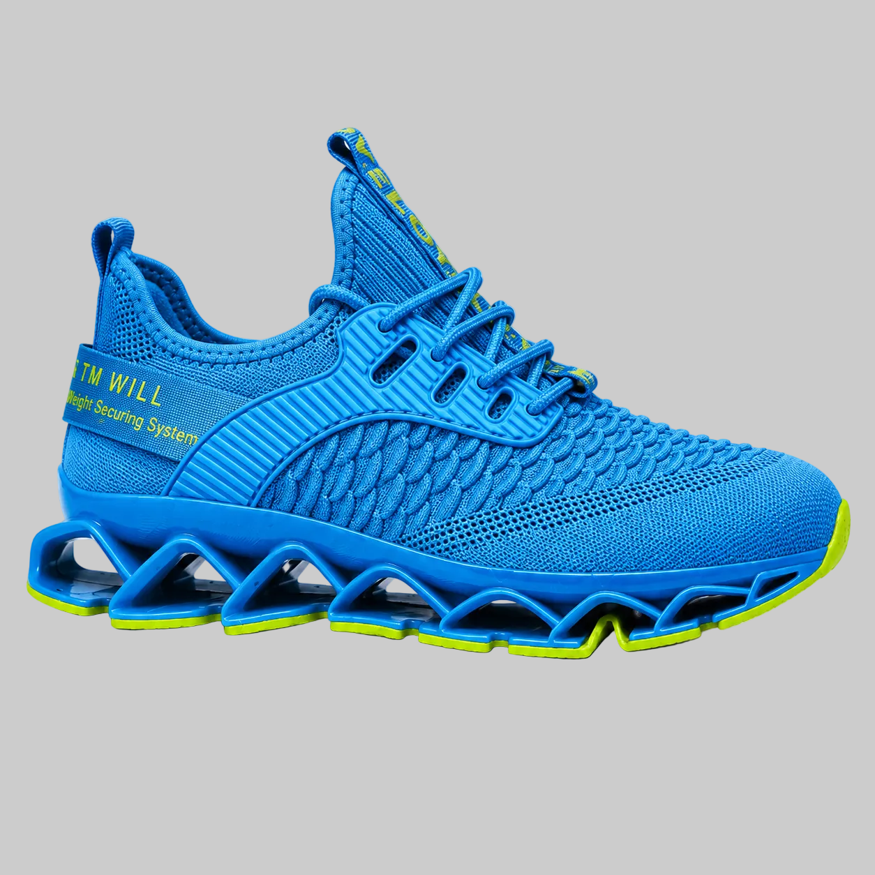 A bright blue knit athletic sneaker with a unique wavy sole and neon yellow-green accents, shown from a side profile on a white background.