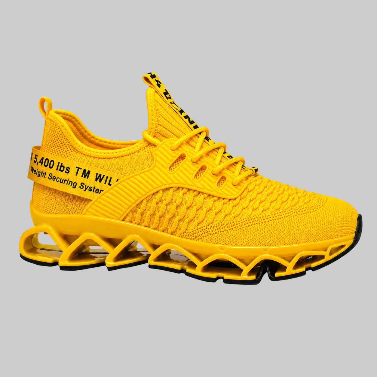 A bright yellow athletic sneaker with a textured knit upper, matching yellow laces, and a distinctive wavy translucent yellow and black sole, shown against a plain white background.