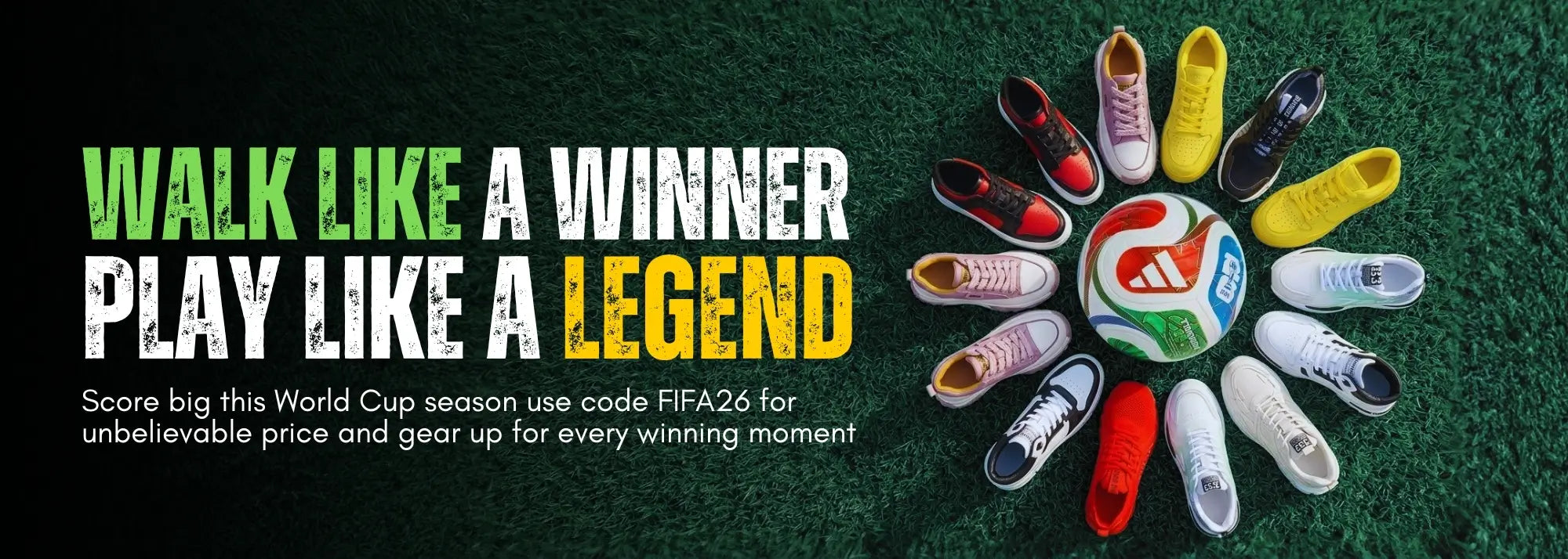 Promotional banner for FIFA 26 with colorful shoes arranged in a circle on a dark green background.
