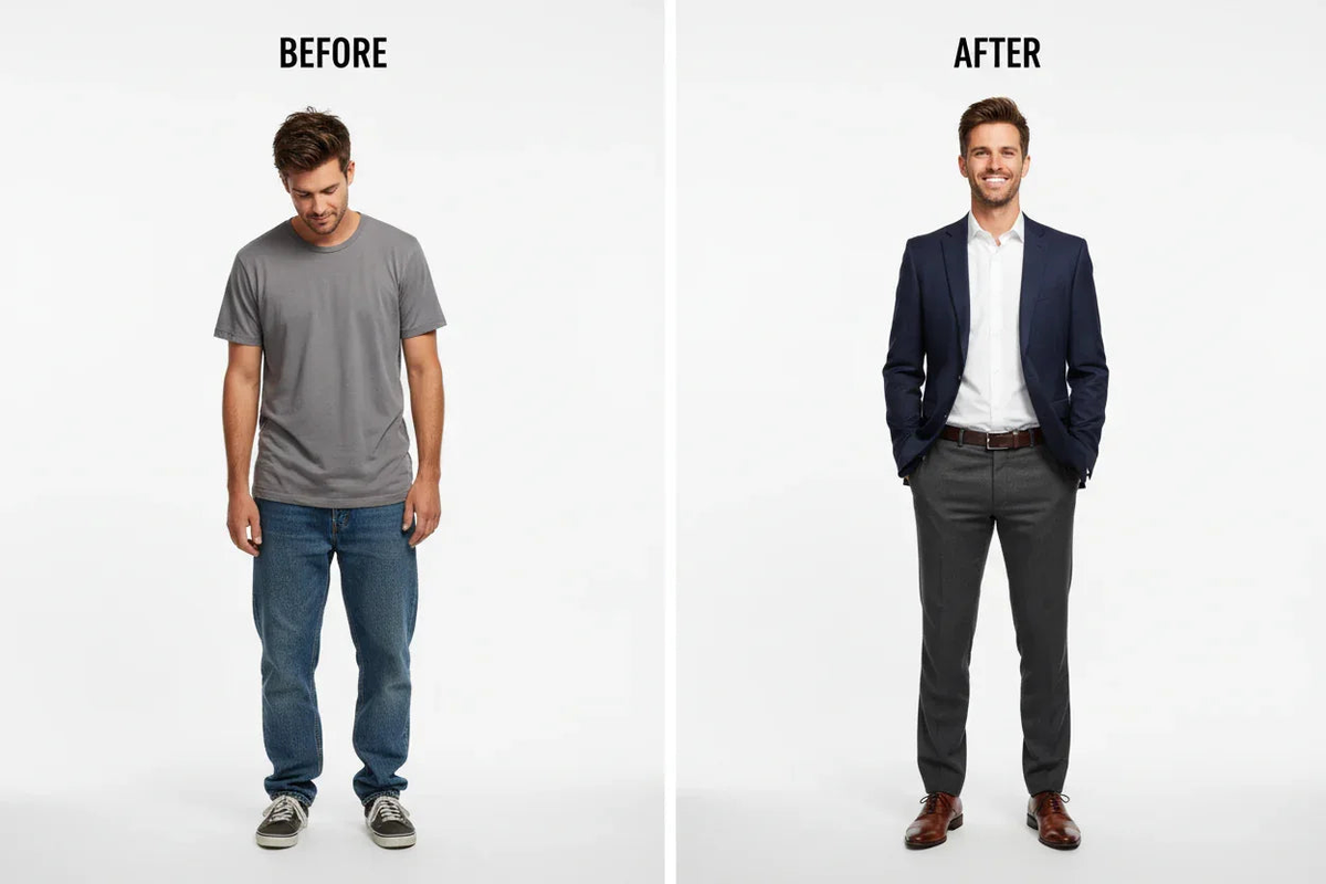 Generate better image before and after image of the shorter man 