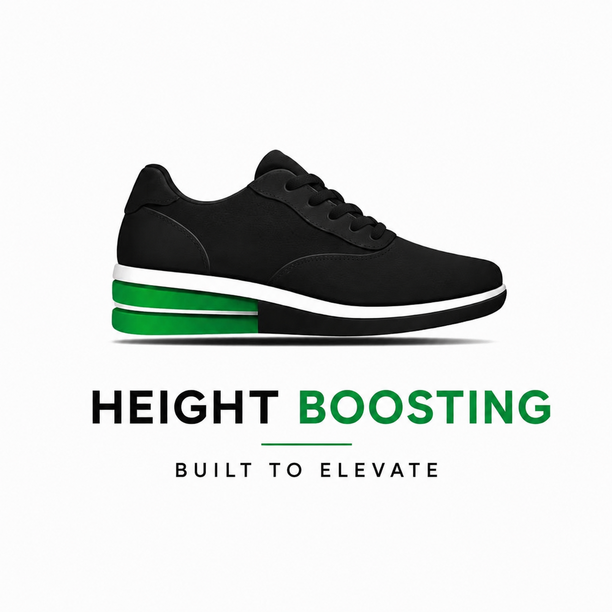 Black height-boosting shoe with green sole on a white background