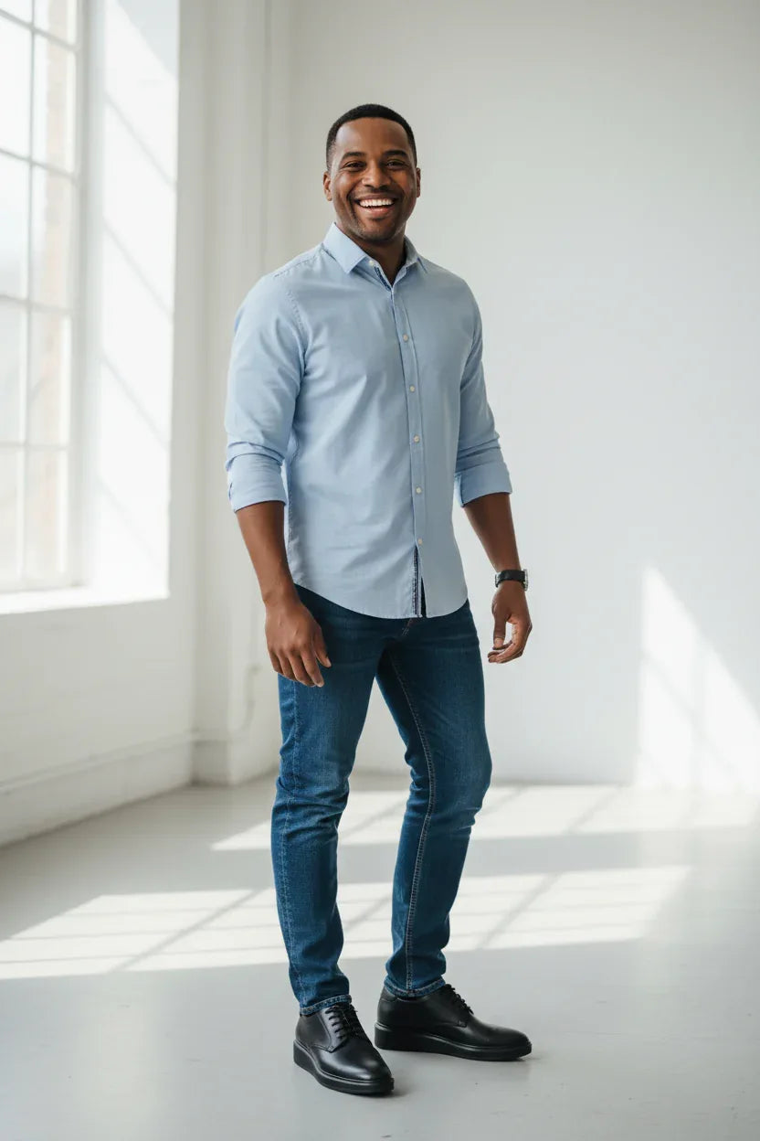 Image of shorter man happy after wearing prime lift height incresing shoes